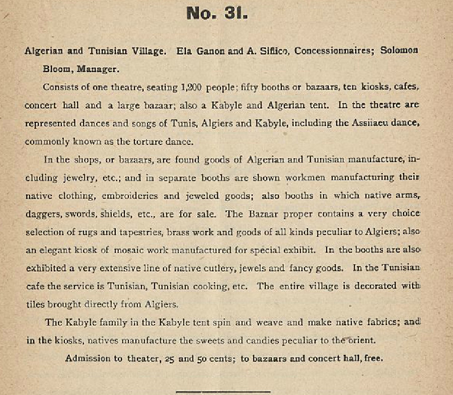 Official Catalog entry for the Algerian and Tunisian Village, which names Ela Ganon and A. Sifico as Concessionaires and Solomon Bloom as Manager.
